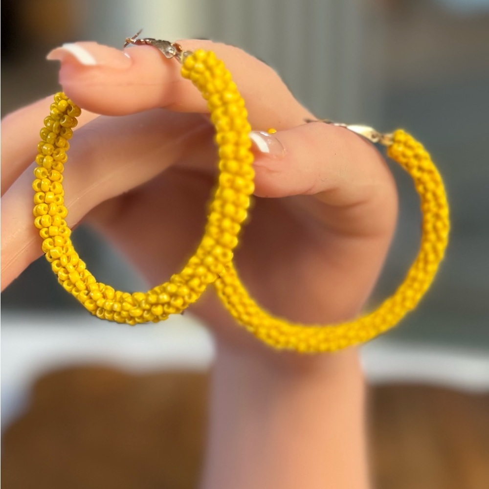 Bright Yellow Seed Bead Hoop Earrings Boho Summer Festival Vibes - Picture 8 of 9